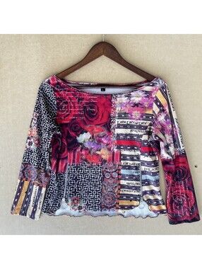 Vintage Y2K Patchwork Mesh Top Grunge Rose Whimsigoth Boat Neck O-Ring Zip L